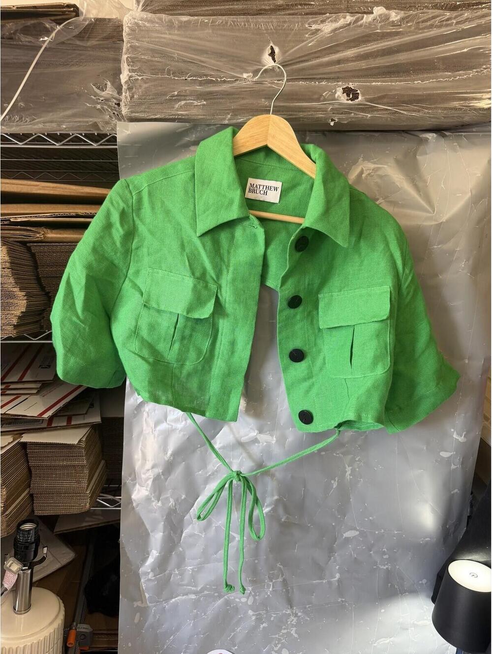 Matthew Bruch Green Linen Cropped Utility Jacket Women's Size 2